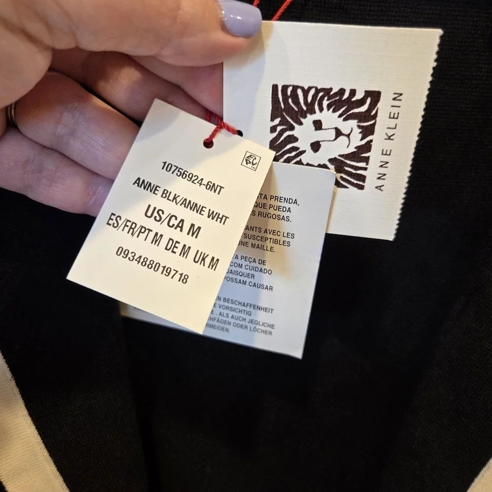 Anne KleinTipped Patch-Pocket Cardigan Women's Medium Black Open Front